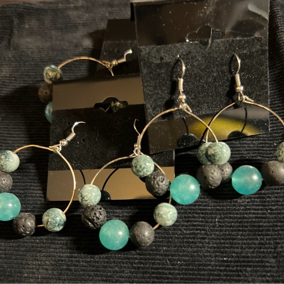 Essential Diffuser Hoop Earrings black & aqua beads and stones Handmade - Picture 1 of 2